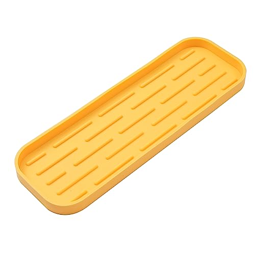 MicoYang Silicone Kitchen Sink Organizer Tray for Multiple Usage,Easy Clean,Eco-Friendly Sponges Holder for Kitchen Bathroom Counter or Sink,Dish Soap Dispenser,Scrubber,Bottle,Cup Yellow 12" x 4” - color: Yellow, size: 12" x 4" x 0.7"