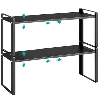 2 Pack Expandable Cabinet Organizer Shelves, 88lbs High Weight Capacity, Stackable Heavy-Duty Metal Storage Rack, Adjustable Cabinet Shelf for Kitchen, Pantry, Cupboard, Under Sink, Black - color: Black