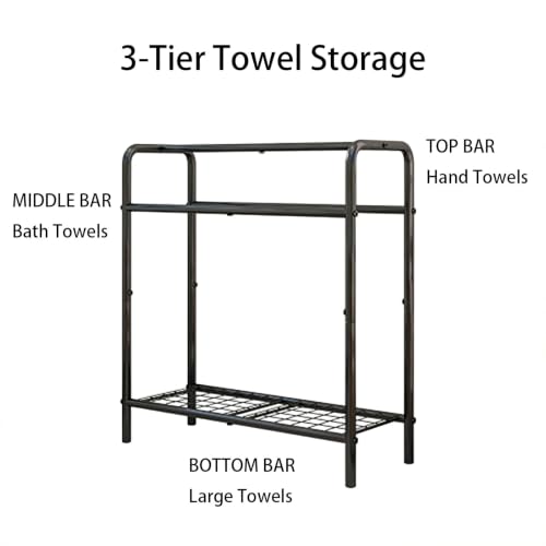 Freestanding Towel Rack, 3 Tier Metal Towel Holder with Storage Shelf, Standing Bathroom Towel Rack for Large Bath Towels, Blanket Rack Organizer for Bedroom, Poolside,Black