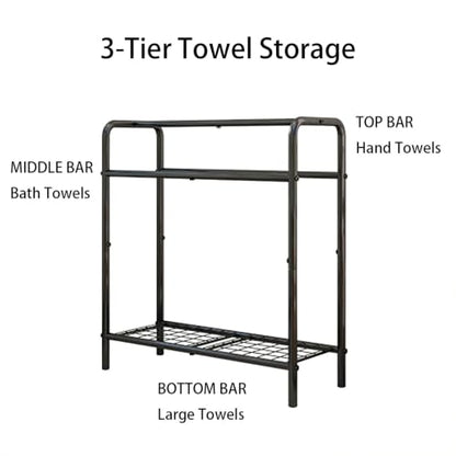 Freestanding Towel Rack, 3 Tier Metal Towel Holder with Storage Shelf, Standing Bathroom Towel Rack for Large Bath Towels, Blanket Rack Organizer for Bedroom, Poolside,Black