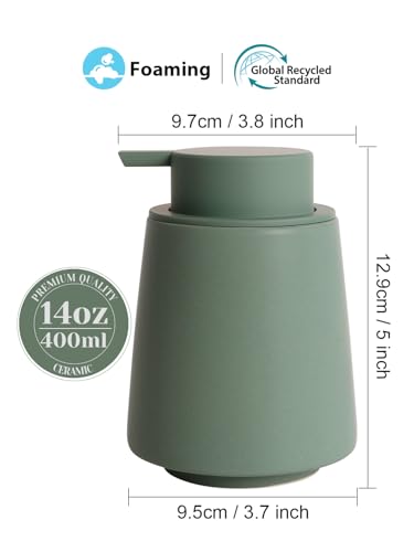 INGOFIN Ceramic Foaming Soap Dispenser -14 oz Foam Hand Soap Dispenser Bathroom Modern Refillable Dish Wash Bottle for Kitchen with Large Pump Matte Green - color: Green-foam