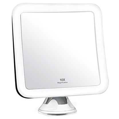 Fancii 10X Magnifying Lighted Makeup Mirror - Daylight LED Vanity Mirror - Compact, Cordless, Locking Suction, 6.5" Wide, 360 Rotation, Portable Illuminated Bathroom Mirror (Square)