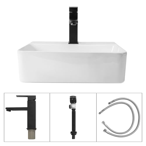 White Wall Mounted Ceramic Bathroom Sink, 14" x 10" Floating Vessel Sink | Rectangle, Black Faucet, Pop Up Drain, Ideal for Small Bathroom - size: 14''x10''