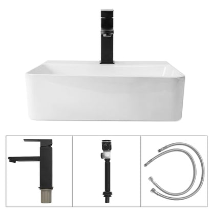 White Wall Mounted Ceramic Bathroom Sink, 14" x 10" Floating Vessel Sink | Rectangle, Black Faucet, Pop Up Drain, Ideal for Small Bathroom - size: 14''x10''