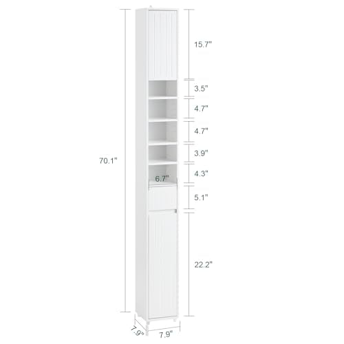 SoBuy Tall Narrow Storage Cabinet, Skinny Bathroom Cabinet with Adjustable Shelves Slender, Anti-Tipping Floor Standing Cupboard, Pinstripe White BZR160-W | BZR160-W Bathroom Cabinet with Doors, Drawer and Adjustable Shelves, Standing Bathroom Shelf, Whit