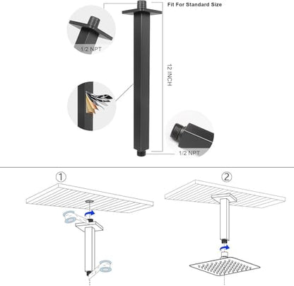 NearMoon Rain Shower Head With Shower Arm, Ceiling Mount Square Shower, Stainless Steel Ceiling Rainfall Showerhead- Waterfall Full Body Coverage (12 Inch, Matte Black) - color: Matte Black, size: 12 Inch