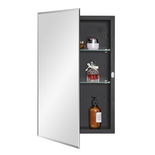 IDYLLOR Black Bathroom Medicine Cabinet with Beveled Edge Mirrored Door 15 x 24 inch, Recessed or Surface Mount, with Adjustable Glass Shelves - color: Matte Black, size: 15x24 inch Beveled Edge Mirror