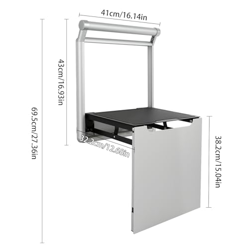 Folding Shower Seat Wall Mounted Heavy Duty Aluminum Alloy Bath Chair with Handrail Non Slip Pads for Elderly Disabled Pregnant Women Bathroom Shower Room