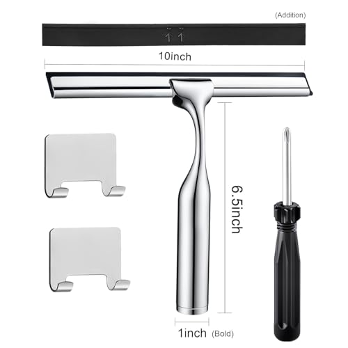 10" Squeegee for Shower Glass Door LASSHSWA All-Purpose Shower Squeegee for Glass Doors Bathroom Cleaner Tool Car Window Mirror Tile Wall Windshield Household with 2 Hooks and 2 Rubber Strips
