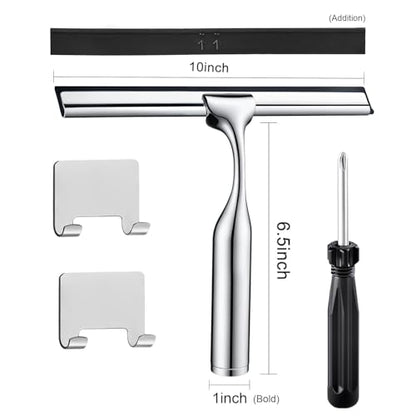 10" Squeegee for Shower Glass Door LASSHSWA All-Purpose Shower Squeegee for Glass Doors Bathroom Cleaner Tool Car Window Mirror Tile Wall Windshield Household with 2 Hooks and 2 Rubber Strips