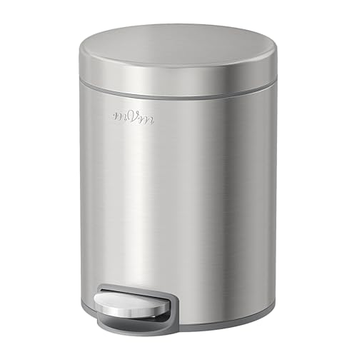 mVm Small Trash Can,1.3 Gallon/5 Lliter Step Bathroom Trash Can with Lid and Foot Pedal,Anti-Fingerprint,Soft-Close.Round Brushed Stainless Steel Garbage Can for Bathroom,Office,Living Room (Silver) - color: Silver, size: 1.3Gal/5L