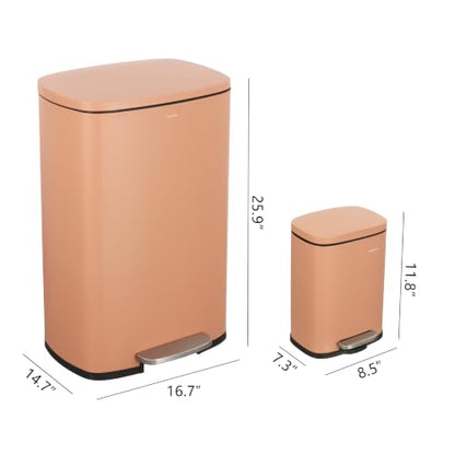 happimess Connor 2-Piece Iron Trash Can, Clay Rose | 13.2 And 1.3 Gallons, Rectangular, Soft-Close Lid, Step Pedal, 20 Liners, 26" And 12" Height - color: Clay Rose