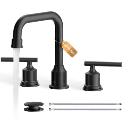 WOWOW Black Bathroom Faucet 3 Hole, Widespread Vanity Sink Faucets 8 Inch | Copper Inlet Matte Black Faucet for Bathroom Sink with Swivel Spout, Two Handles Lavatory Tap with Drain and cUPC Supply Line - color: Black, style: Upgrade-8 Inch