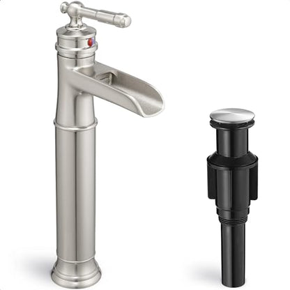 Vessel Sink Faucet Brushed Nickel, Brass Waterfall Bathroom Faucet Single Hole, Tall Bathroom Sink Faucet, Bathroom Faucets Single Handle with Pop-Up Drain Supply Hoses for Lavatory No Noise - color: Brushed Nickel - Classic
