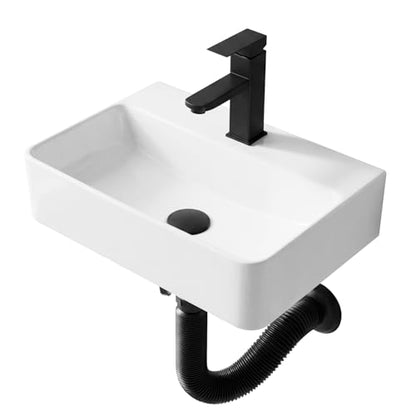 White Wall Mounted Ceramic Bathroom Sink, 14" x 10" Floating Vessel Sink | Rectangle, Black Faucet, Pop Up Drain, Ideal for Small Bathroom - size: 14''x10''