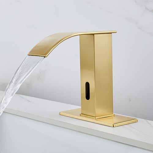 Touchless Bathroom Faucet Touchless Bathroom Sink Faucet with Control Box, Automatic Sensor Vanity Faucets and Temperature Mixer Hole Cover Plate for Easy Installation,Gold - color: Gold, size: Waterfall