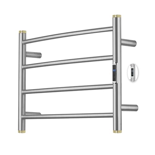 Electric Towel Warmer Rack,Heating Towel Warmer,Timer & Temperature Control,Wall-Mounted Plug-in for Bathroom,Brushed,Stainless Steel,4-Bar(16.54x23.62x5.51in) - color: Round-matte Brushed With Gold Top, size: 4 Bars