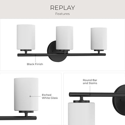 Progress Lighting 3-Light Etched Glass Modern Bath Vanity Light, Replay Collection, Indoor, P2159-31, Textured Black - color: Textured Black, size: 3-Light