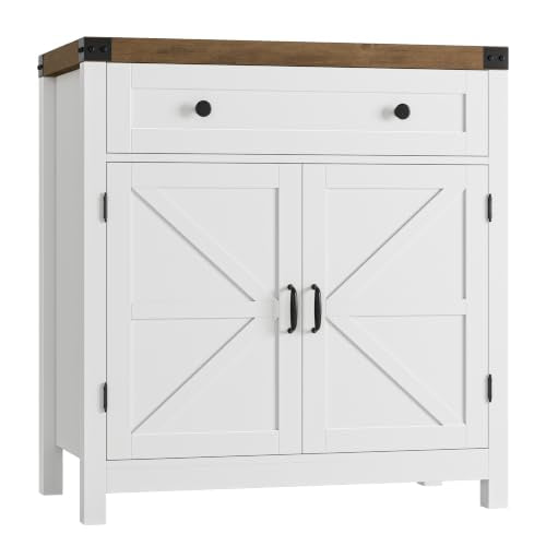 HOSTACK 31.5"W Kitchen Storage Cabinet, Farmhouse Coffee Bar Cabinet, White | Small Buffet Cabinet with Doors & Wide Drawer, Wood Sideboard Buffet, Entry Table w/ Adjustable Shelf for Dining Living Room - color: White
