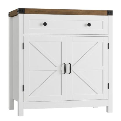 HOSTACK 31.5"W Kitchen Storage Cabinet, Farmhouse Coffee Bar Cabinet, White | Small Buffet Cabinet with Doors & Wide Drawer, Wood Sideboard Buffet, Entry Table w/ Adjustable Shelf for Dining Living Room - color: White