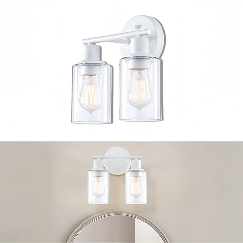 WISBEAM 2-Light Bathroom Vanity Light, White Bathroom Light Fixture with Clear Glass Shade Including E26 Medium Base, Bulb NOT Included, Vanity Light Over Mirror - color: White, size: VNT003