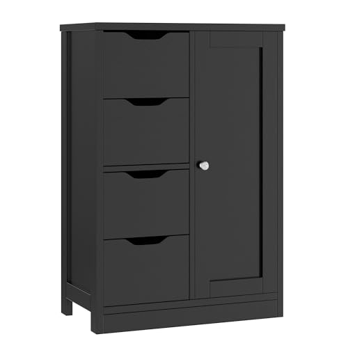 Vongrasig Bathroom Floor Cabinet, Wooden Storage Organizer with 1 Door and 4 Drawers, Freestanding Side Bathroom Furniture,Entryway Storage Cabinet, Black - color: Black