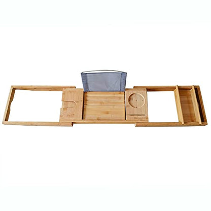 Bamboo Bathtub Tray, Expandable Bath Tray Multifunctional Drain Bath Shelf Caddy Tray Bathtub Storage Rack Bath Tub Tray Table for Candle Towel Book Wine Phone Shower