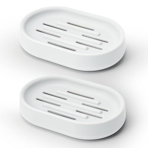 Topsky 2 Pack Soap Dish for Shower, Sink, Bathtub, Oval Plastic White Soap Bar Holder with Drain, Easy to Clean, Durable - color: White.