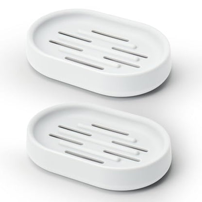 Topsky 2 Pack Soap Dish for Shower, Sink, Bathtub, Oval Plastic White Soap Bar Holder with Drain, Easy to Clean, Durable - color: White.
