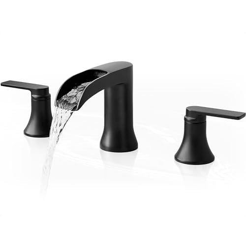 Black Bathroom Faucet 3 Hole, Brass Bathroom Waterfall Faucet 2 Handle, 4-16 Inch Widespread Bathroom Sink Faucets, Restroom Sink Faucet for Vanity with Supply Hoses, NO Equipped Pop-up Drain - color: Matte Black, style: NO Pop Up Drain