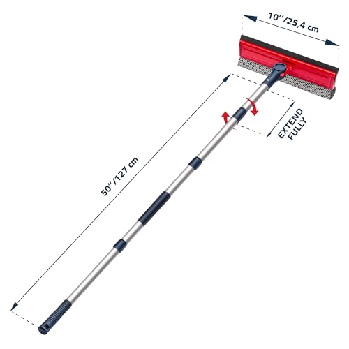Professional Window Squeegee | 2-in-1 Window Cleaner Sponge and 10" Soft Rubber Strip with Extension Pole 50 Inch & 127 cm | Adjustable to Clean from Multiple Angles
