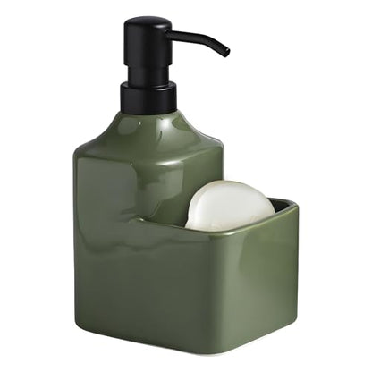 Gets Soap Dispenser Green Ceramic Pump Bottle with Storage Holder | Countertop Liquid Hand Wash Bottle with Organizer Tray for Bathroom, Kitchen, Refillable Modern Dispenser for Vanity Sink - size: Green With Sponge Holder