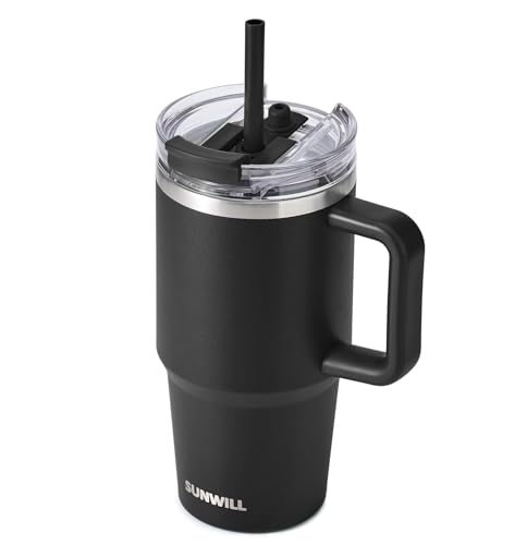 SUNWILL 20 oz Tumbler with Handle and Straw Leak Proof,Travel Coffee Mug with Lid, Stainless Steel Cup Insulated for Office & Gym, Cupholder Friendly, Powder Coated Black - color: Powder Coated Black, size: 20 Ounces