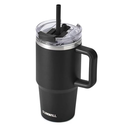 SUNWILL 20 oz Tumbler with Handle and Straw Leak Proof,Travel Coffee Mug with Lid, Stainless Steel Cup Insulated for Office & Gym, Cupholder Friendly, Powder Coated Black - color: Powder Coated Black, size: 20 Ounces