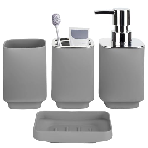 RRM Bathroom Accessories Set 4 Piece, Grey Boho Bathroom Decor | includes Soap Dispenser, Toothbrush Holder, Mouthwash Cup, Soap Dish, Bathroom Sink Set for Modern Home Decor - color: Grey, size: 4PCS