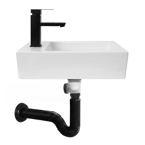 White Wall Mounted Ceramic Bathroom Sink, 18" x 10" Floating Vessel Sink | Rectangle, Black Faucet, Pop Up Drain, Ideal for Small Bathroom, Left Hand - size: 18''x10''