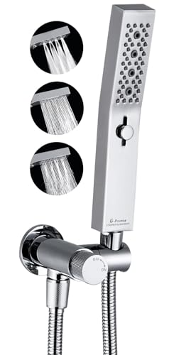 G-Promise All Metal 3-Function Handheld Shower Wand | Built to Last, Easy Install, with On/Off Switch Holder, Extra Long Hose, Modern Upgrade - color: Chrome, style: Square