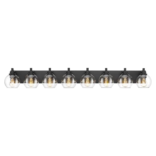 8-Light Matte Black Bathroom Vanity Light, Clear Glass Globe Shade | Ideal for 60-72" mirrors, 52" modern long base bathroom light fixtures over mirror, E26 base, bulbs not included, VL195-MB-8 - color: Black, Clear Glass, size: 8-light