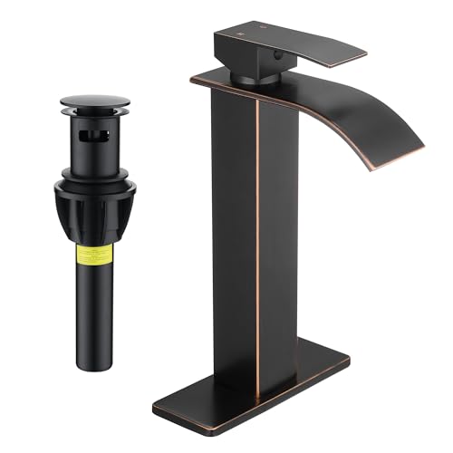 Tall Vessel Sink Faucet Oil Rubbed Bronze Faucet for Bathroom Sink Tall Waterfall Bathroom Faucet Single Handle 1 or 3 Hole Wash with Pop-up Drain - color: Oil Rubbed Bronze
