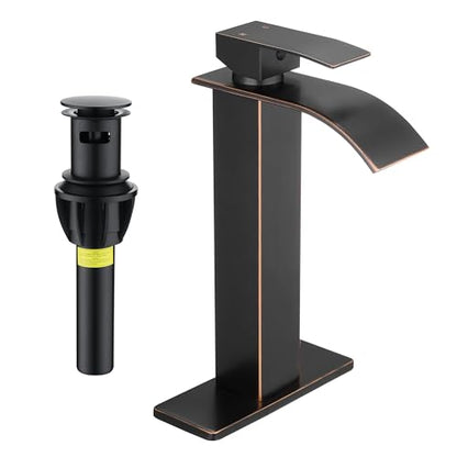 Tall Vessel Sink Faucet Oil Rubbed Bronze Faucet for Bathroom Sink Tall Waterfall Bathroom Faucet Single Handle 1 or 3 Hole Wash with Pop-up Drain - color: Oil Rubbed Bronze