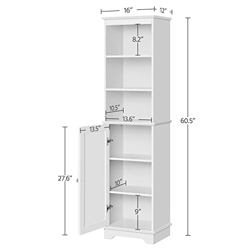 Yaheetech Tall Narrow Bathroom Storage Cabinet with Door and Shelves, White | Linen Closet for Towels, Toiletries and Laundry, Open Display Shelves, Hidden Adjustable Shelf, MDF, 60''H x 16''W x 12''D - style: 1 Door + 3 Open Compartments
