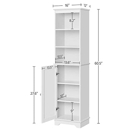 Yaheetech Tall Narrow Bathroom Storage Cabinet with Door and Shelves, White | Linen Closet for Towels, Toiletries and Laundry, Open Display Shelves, Hidden Adjustable Shelf, MDF, 60''H x 16''W x 12''D - style: 1 Door + 3 Open Compartments