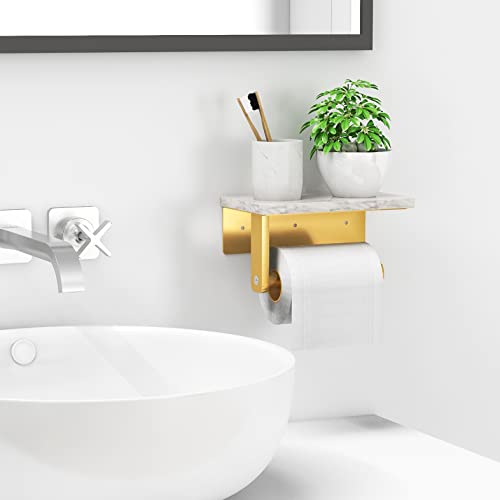 Gypie Toilet Paper Holder with Marble Shelf, Wall Mounted Gold | Stainless Steel Screw, Tissue Roll Paper Holder Dispenser for Bathroom Washroom - color: Gold