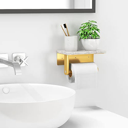 Gypie Toilet Paper Holder with Marble Shelf, Wall Mounted Gold | Stainless Steel Screw, Tissue Roll Paper Holder Dispenser for Bathroom Washroom - color: Gold