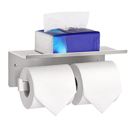 Double Toilet Paper Holder with Shelf,Idealmax Toilet Paper Holder Brushed Nickel,Large Commercial Toilet Paper Dispenser Phone Shelf, Wall Mounted Tissue Roll for Bathroom, Stainless Steel