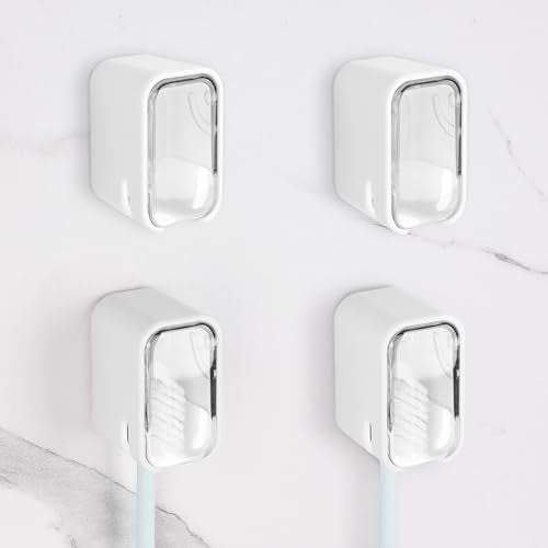 4 Pack Toothbrush Holders for Bathrooms Shower, Wall Mount Toothbrush Organizer with Cover, Self Adhesive Electric Toothbrush Storage, Quick Dry Toothbrush Hanger (Clear) - color: Clear