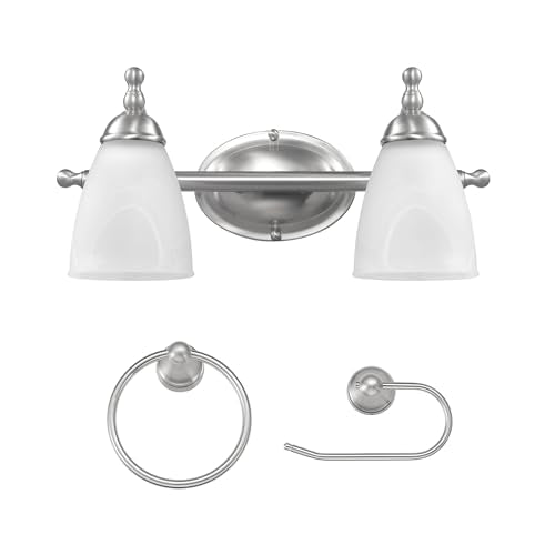 Globe Electric 63000104 3-Piece Bath Accessories, Satin Nickel Finish, 15" 2-Light Vanity Light, Alabaster Glass Shades, Toilet Paper Holder, Towel Ring, Bathroom Décor, Home Essentials - color: Satin Nickel, Alabaster Glass, 2-Light