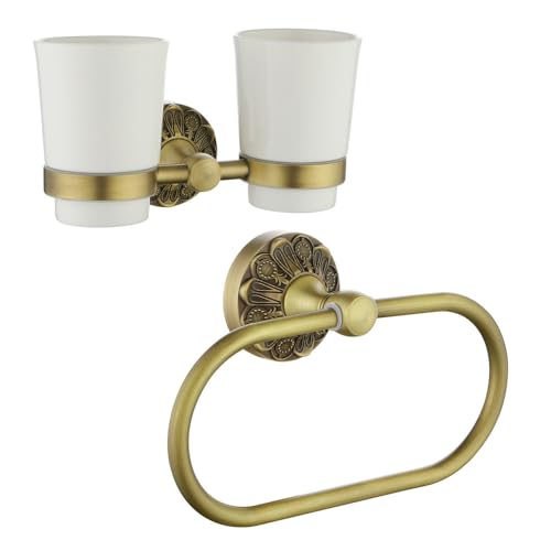 Towel Ring + Double Toothbrush Holder, Brass Bathroom Accessories Set