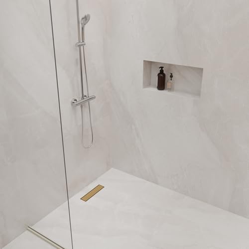 12 Inch Linear Shower Drain-Brushed Gold, with Tile Insert Grate | AISI 304 Stainless Steel Shower Drain, Rectangle Shower Floor Drain with Leveling Feet, Fits Bathroom & Balcony etc - color: Brushed Gold, size: 12 Inch