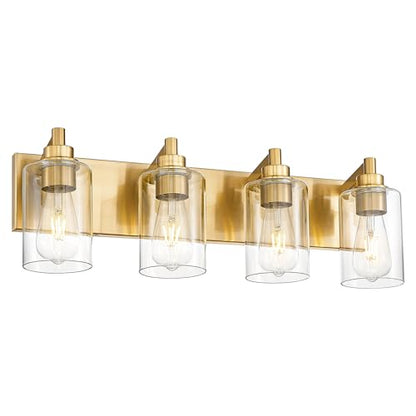 4-Light Brushed Gold Bathroom Vanity Light, Clear Cylinder Glass | 24.5" modern bathroom light fixtures over mirror, E26 base, bulbs not included, VL143-BG-4 - color: Brushed Gold, Cylinder Glass Shade, size: 4-light